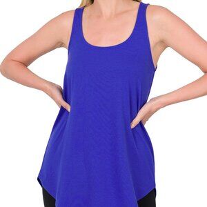 Zenana Cool Summer Sleeveless Round Neck Large Curve Hem Blue Tank Top